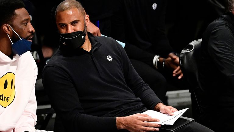 Brooklyn Nets assistant coach Ime Udoka discusses with Jeff Green during Game Five of the First Round of the 2021 NBA Playoffs against the Boston Celtics.