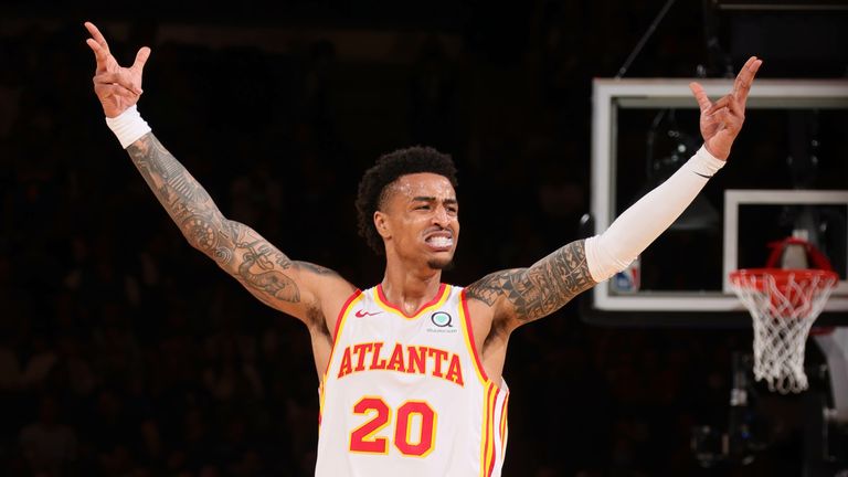 John Collins #20 of the Atlanta Hawks celebrates during Round 1, Game 5 of the 2021 NBA Playoffs on June 2, 2021 at Madison Square Garden in New York City, New York. 