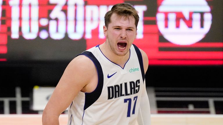 allas Mavericks guard Luka Doncic celebrates after they scored during the second half in Game 5 of an NBA basketball first-round playoff series against the Los Angeles Clippers Wednesday, June 2, 2021, in Los Angeles. 