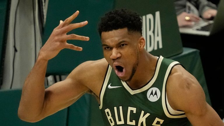 Milwaukee Bucks&#39; Giannis Antetokounmpo reacts after making a shot and being fouled during the second half of Game 1 of the NBA Eastern Conference basketball finals game against the Atlanta Hawks Wednesday, June 23, 2021, in Milwaukee. (AP Photo/Morry Gash)


