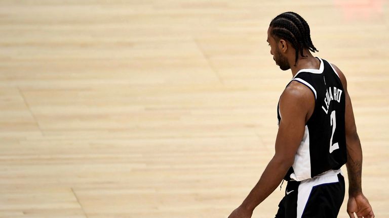 Kawhi Leonard #2 of the LA Clippers walks off the court as the Dallas Mavericks defeated the LA Clippers 105-100 during game five of the Western Conference First Round NBA Playoff basketball game at the Staples Center in Los Angeles on Wednesday, June 2, 2021. (Photo by Keith Birmingham, Pasadena Star-News/ SCNG)