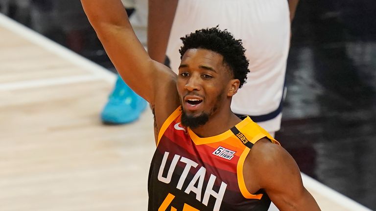 Utah Jazz guard Donovan Mitchell celebrates after scoring against the Memphis Grizzlies during the first half of Game 5 of an NBA basketball first-round playoff series Wednesday, June 2, 2021, in Salt Lake City.