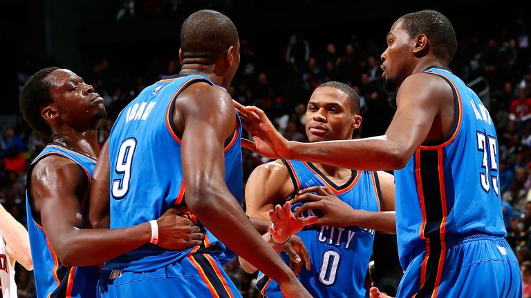 Reggie Jackson, Serge Ibaka, Russell Westbrook and Kevin Durant playing for the Oklahoma City Thunder