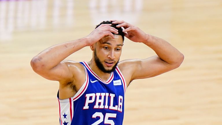 Philadelphia 76ers&#39; Ben Simmons plays during Game 5 in a first-round NBA basketball playoff series against the Washington Wizards, in Philadelphia, in this Wednesday, June 2, 2021, file photo. Ben Simmons can&#39;t shoot and lost his confidence. He blamed a mental block on the worst free-throw shooting percentage in NBA playoff history. The 76ers head into the offseason faced with a big question - do they try and salvage Simmons or deal the former No. 1 pick. 