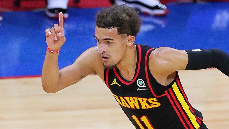 Philadelphia: Atlanta Hawks guard Trae Young reacts to hitting a 3-pointer against the Philadelphia 76ers during the first quarter in a NBA second round Eastern Conference playoff basketball game on Sunday, Jun 6, 2021, in Philadelphia.