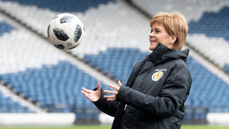 First Minister Nicola Sturgeon announces funding for the Scottish women&#39;s national football team at Hampden Park, Glasgow