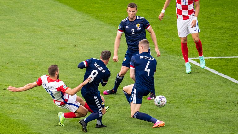 Croatia&#39;s Nikola Vlasic opens the scoring during a Euro 2020 match between Croatia and Scotland at Hampden Park