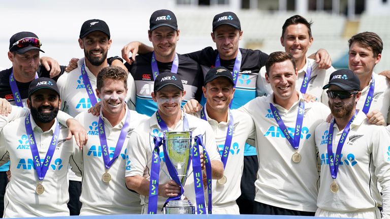 New Zealand celebrate with the Test series trophy after beating England at Edgbaston (PA Images)