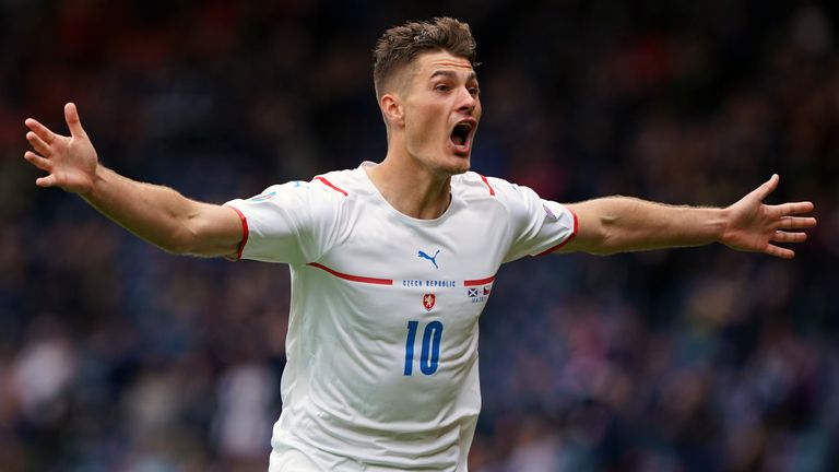 Czech Republic's Patrik Schick celebrates scoring the second goal of the game