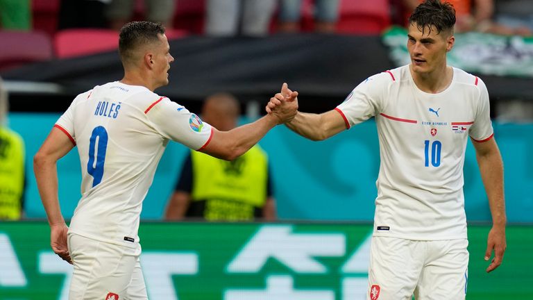 Czech Republic's Patrik Schick, right, celebrates with Czech Republic's Tomas Holes after scoring his sides second goal