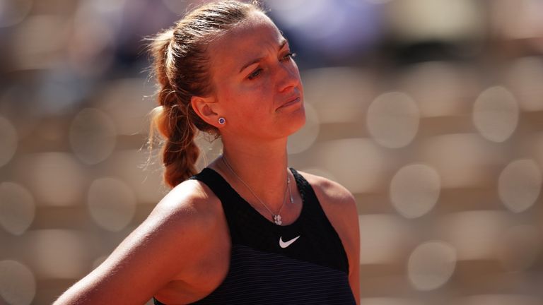 Petra Kvitova of The Czech Republic reacts in her First Round match against Greet Minnen of Belgium during Day One of the 2021 French Open at Roland Garros on May 30, 2021 in Paris, France. (Photo by Adam Pretty/Getty Images)