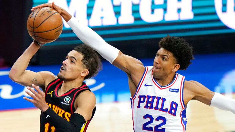 Philadelphia 76ers&#39; Matisse Thybulle, right, blocks a shot by Atlanta Hawks&#39; Trae Young during the second half of Game 7 in a second-round NBA basketball playoff series, Sunday, June 20, 2021, in Philadelphia. (AP Photo/Matt Slocum)