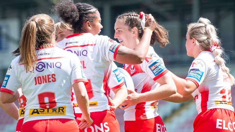 Women's Challenge Cup Final - St Helens v York City Knights - Leigh Sports Village, Leigh , England - St Helen's Rachel Woosey is congratulated on scoring a try against York.