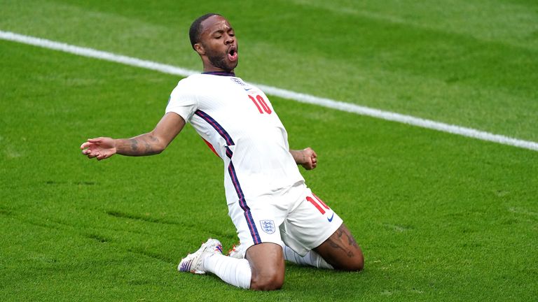 Raheem Sterling celebrates after giving England the lead against the Czech Republic