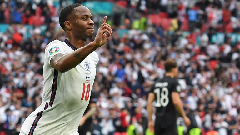 Raheem Sterling celebrates his England opener against Germany