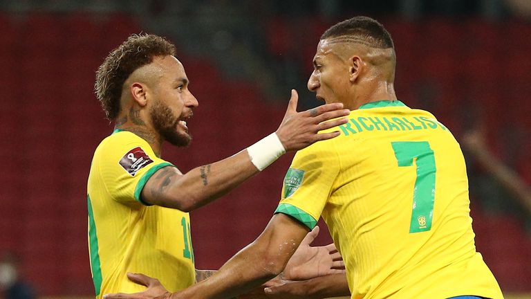 Richarlison and Neymar celebrate Brazil's opening goal