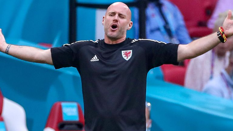 Wales boss Rob Page shows his frustration during his side&#39;s defeat to Denmark at Euro 2020