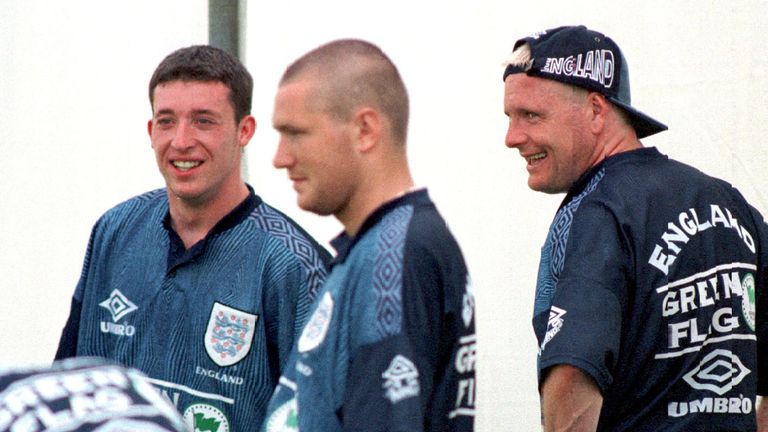 (L-R) Robbie Fowler, Steve Howie and Paul Gascoigne in relaxed moods on the final days training at Bisham Abbey before the start of the Euro &#39;96 competition.