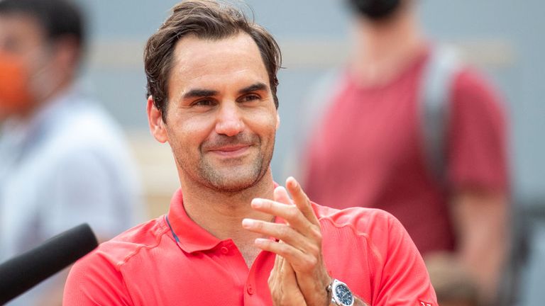 Roger Federer of Switzerland after his victory against Marin Cilic of Croatia on Court Philippe-Chatrier during the second round of the singles competition at the 2021 French Open Tennis Tournament at Roland Garros on June 3rd 2021 in Paris, France. (Photo by Tim Clayton/Corbis via Getty Images)