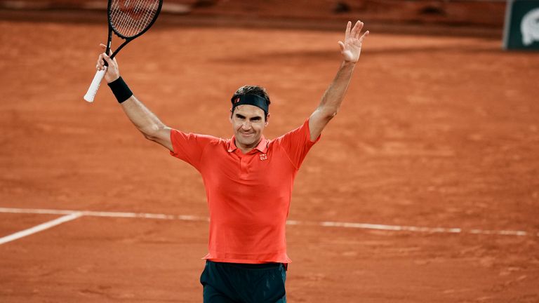Roger Federer celebrates after defeating Germany&#39;s Dominik Koepfer in their third round match on day 7, of the French Open tennis tournament at Roland Garros in Paris, France, Saturday, June 5, 2021. (AP Photo/Thibault Camus)