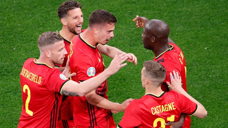 Romelu Lukaku celebrates after opening the scoring for Belgium against Russia