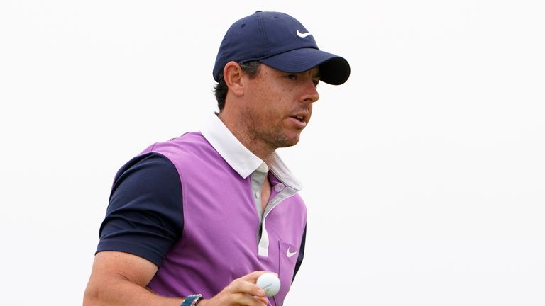 Rory McIlroy, of Northern Ireland, acknowledges the gallery after his birdie putt on the second green during the third round of the U.S. Open Golf Championship, Saturday, June 19, 2021, at Torrey Pines Golf Course in San Diego. (AP Photo/Jae C. Hong)