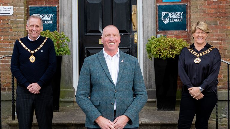 RFL president Clare Balding (right), vice-president Mike Smith (left) and chief executive Ralph Rimmer (middle) outside Red Hall in Leeds