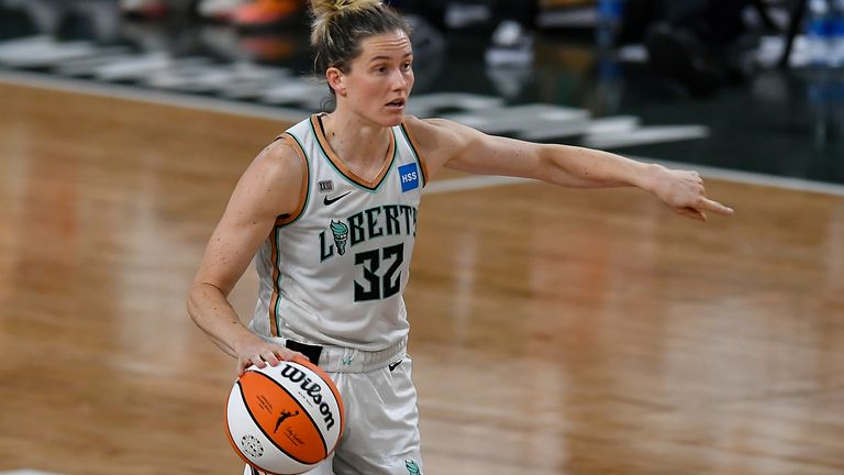 New York guard Sami Whitcomb (32) directs traffic during the WNBA game between the New York Liberty and the Atlanta Dream on June 26th, 2021 at Gateway Center Arena in College Park, GA.