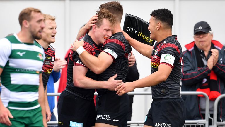 Saracens v Ealing Trailfinders - Greene King IPA Championship - Play Off Final - Second Leg - StoneX Stadium
Saracens' Nick Tomkins is congratulated after scoring his side fifth try during the Greene King IPA…