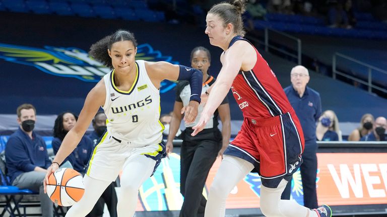 Satou Sabally #0 of the Dallas Wings dribbles the ball during the game against the Washington Mystics on June 26, 2021 at the College Park Center in Arlington, Texas. 