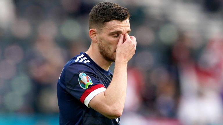 Scotland&#39;s Andrew Robertson looks dejected during the UEFA Euro 2020 Group D match against Croatia