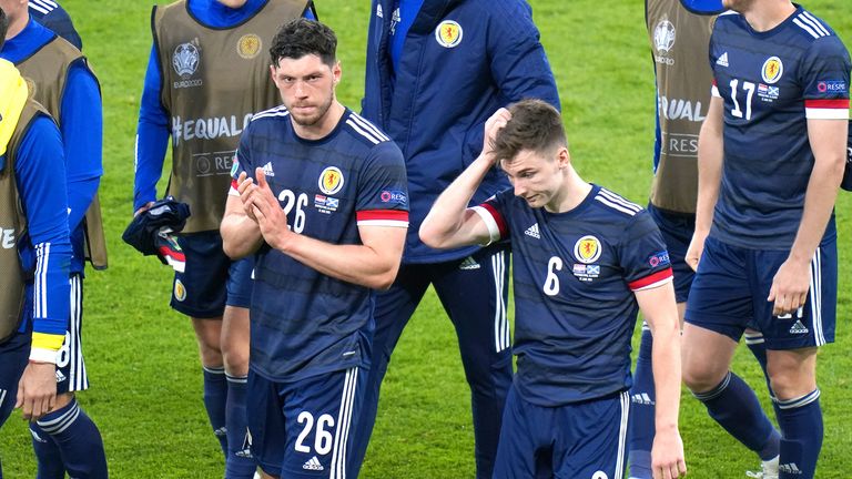 Scotland's Scott McKenna and Kieran Tierney applaud the fans after the final whistle during the UEFA Euro 2020 Group D match at Hampden Park, Glasgow. Picture date: Tuesday June 22, 2021.