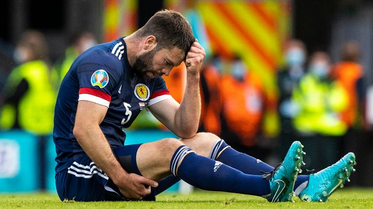 Scotland’s Grant Hanley is forced off with a first half injury  during a Euro 2020 match between Croatia and Scotland at Hampden Park