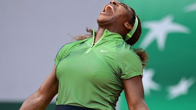 Serena Williams of the US reacts as she plays against Romania's Mihaela Buzarnescu during their women's singles second round tennis match on Day 4 of The Roland Garros 2021 French Open tennis tournament in Paris on June 2, 2021. (Photo by MARTIN BUREAU / AFP) (Photo by MARTIN BUREAU/AFP via Getty Images)