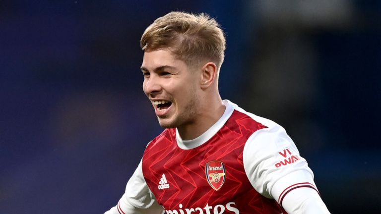 Arsenal's Emile Smith Rowe celebrates scoring their first goal of the game against Chelsea