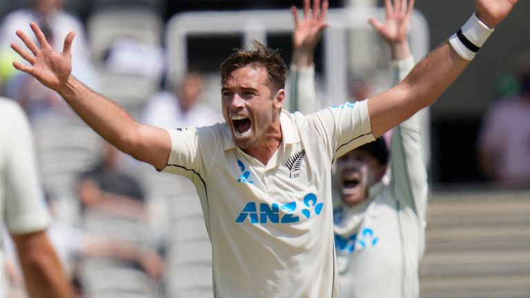 New Zealand's Tim Southee celebrates taking the wicket of England's Ollie Pope during the fourth day of the Test match between England and New Zealand at Lord's cricket ground in London, Saturday, June 5, 2021. (AP Photo/Kirsty Wigglesworth)