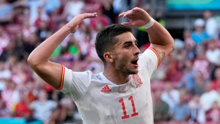 Spain's Ferran Torres celebrates after scoring his side's third goal during the Euro 2020 soccer championship round of 16 match between Croatia and Spain at Parken stadium in Copenhagen
