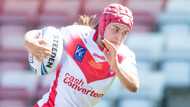 Picture by Allan McKenzie/SWpix.com - 05/06/2021 - Rugby League - Betfred Women's Challenge Cup Final - St Helens v York City Knights - Leigh Sports Village, Leigh , England - St Helen's Emily Rudge on her way to scoring a try agianst York.