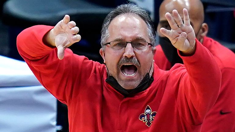 New Orleans Pelicans head coach Stan Van Gundy calls out from the bench in the second half of an NBA basketball game against the New York Knicks in New Orleans, Wednesday, April 14, 2021. The Knicks won 116-106. (AP Photo/Gerald Herbert)