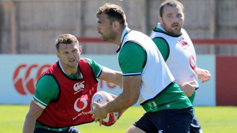 Dan Biggar (left) and Tadhg Beirne during the Lions Training Session at the Stade Santander International in Saint Peter, Jersey. Picture date: Monday June 14, 2021.