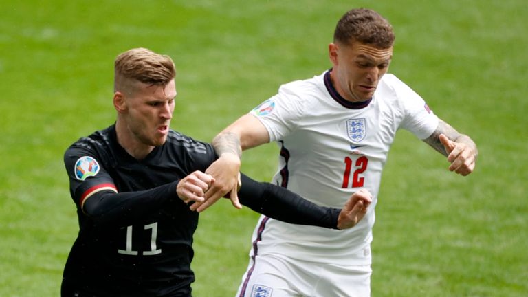 Germany's Timo Werner and England's Kieran Trippier battle for the ball at Wembley