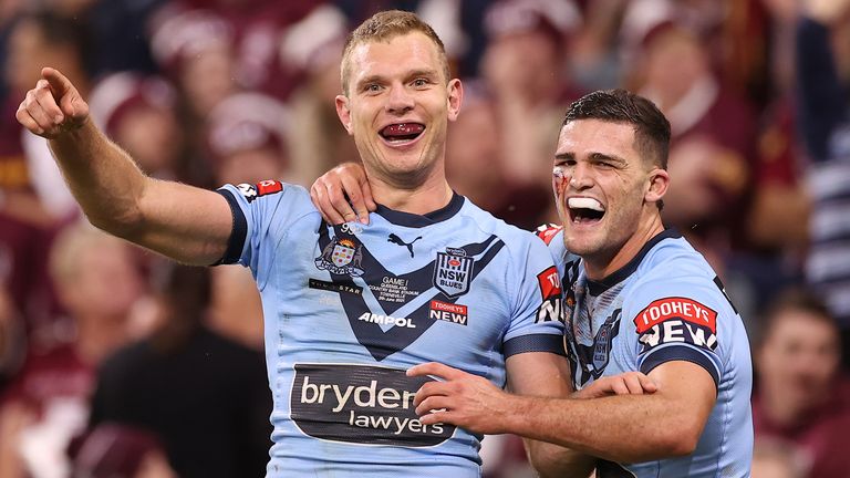 Tom Trbojevic (left) scored a hat-trick as New South Wales tore Queensland apart in State of Origin I