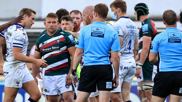 Tom Youngs the Leicester Tigers captain, argues with the officials at the final whistle during the Gallagher Premiership Rugby match between Leicester Tigers and Bristol Bears at Welford Road on June 05, 2021 in Leicester, England