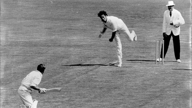 Dell bowling to Illingworth yet to score Test cricket - first day at SCG. February 12, 1971. (Photo by John Patrick O'Gready/Fairfax Media via Getty Images).