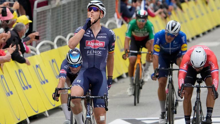 Tim Merlier celebrates his first Tour de France stage win