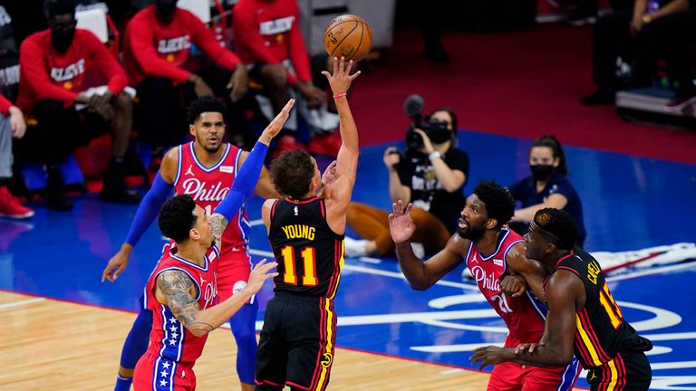 Atlanta Hawks&#39; Trae Young plays during Game 1 of the second-round NBA basketball playoff series against the Philadelphia 76ers