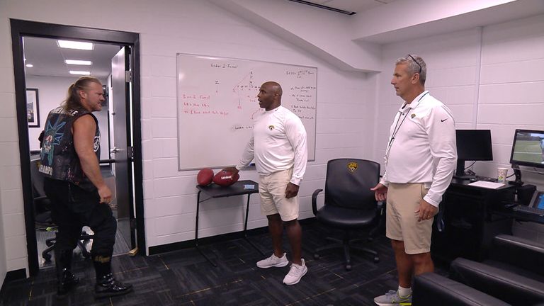 Jacksonville Jaguars coach Urban Meyer and assistant head coach Charlie Strong assisted Chris Jericho in a match as part of AEW’s Double or Nothing event.