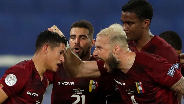 Venezuela celebrate after their last equaliser 