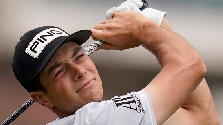 Viktor Hovland, of Norway, plays his shot from the 12th tee during a practice round of the U.S. Open Golf Championship, Wednesday, June 16, 2021, at Torrey Pines Golf Course in San Diego. (AP Photo/Gregory Bull)