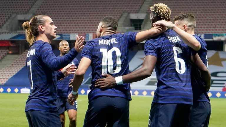 France&#39;s Kylian Mbappé, center, celebrates after scoring his side&#39;s opening goal during the international friendly soccer match between France and Wales at the Allianz Riviera stadium in Nice, France, Wednesday, June 2, 2021. (AP Photo/Daniel Cole)